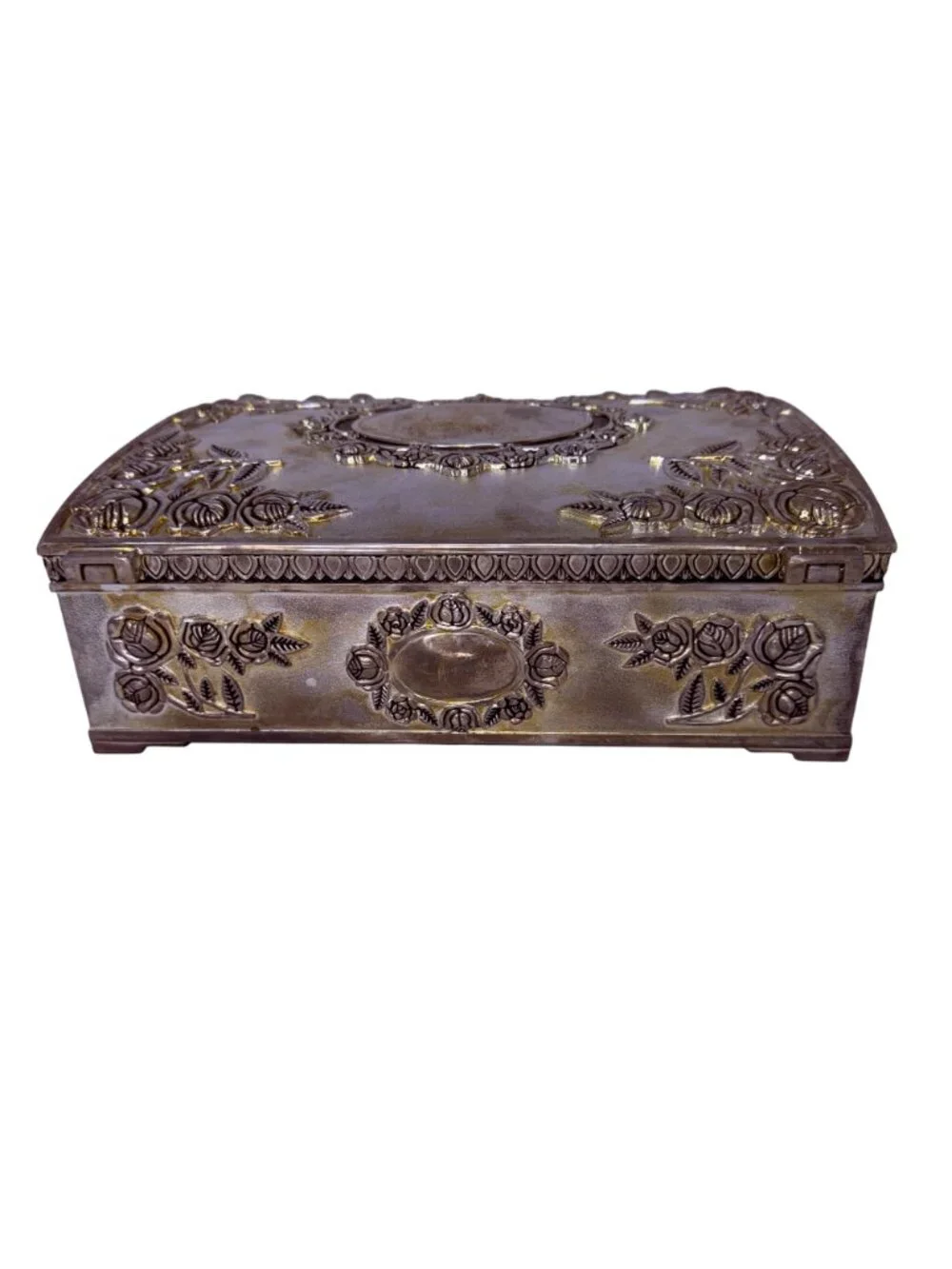 Vintage Godinger Silver Plate Jewelry Box with Roses and Red Velvet‎ Interior